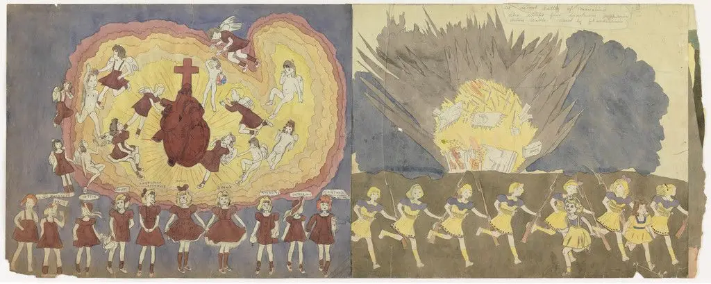 a) The Vivian girls nuded like child slaves b) Untitled (Sacred Heart) and At second battle of Marcocino also escape from disasterous explosion during battle caused by glandelinians by Henry Darger