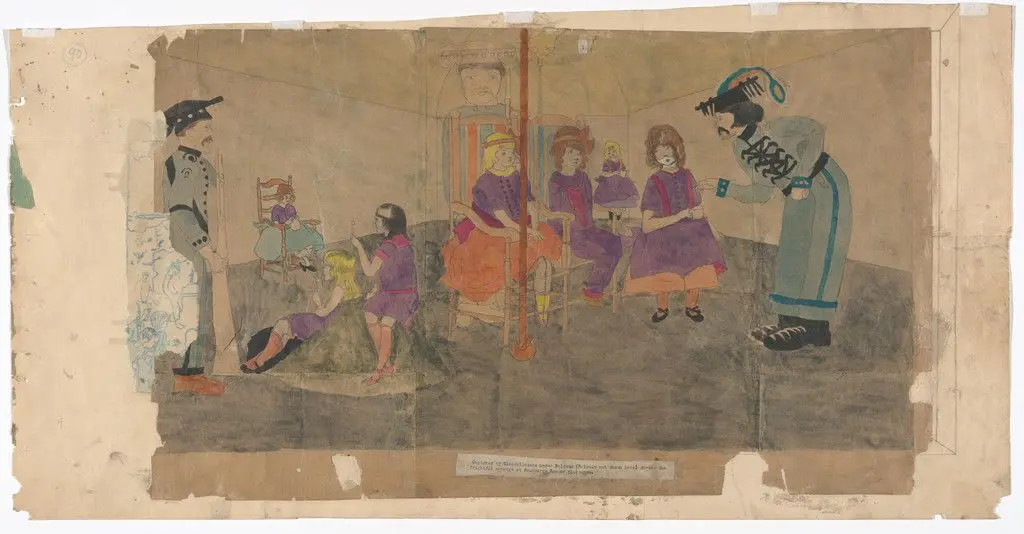 a) Captured by Glandelinians under Baldwin (Baldwin not shown here) during the frightful carnage at Aronburgs Run or Glorianna b) Picture No Two of the same scenes by Henry Darger