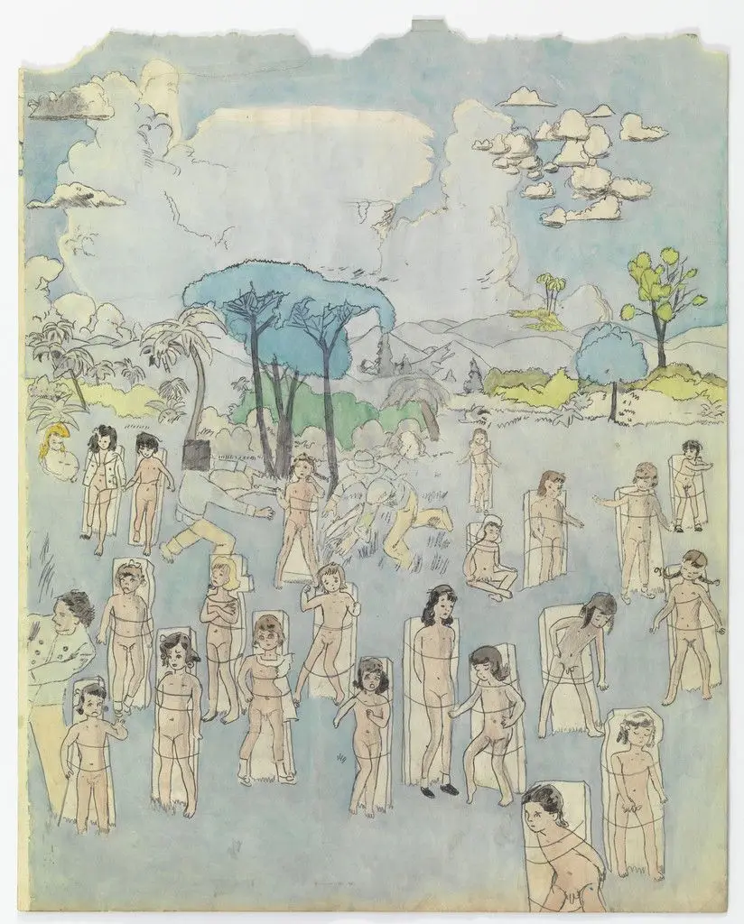 a) Untitled (Many girls tied to slabs of stone) b) Untitled (Pastoral scene - girls with lasso) by Henry Darger