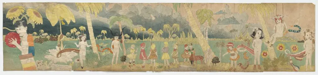 At Jennie Richee At shore of Aronburg Run River... (recto); Untitled (Girl swinging on vine) (verso) by Henry Darger