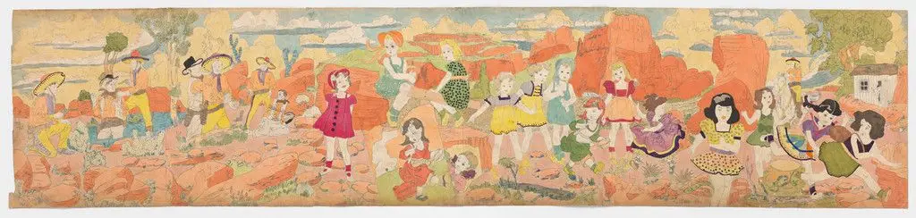 a) Untitled (Sombreros and orange canyon) b) Untitled (Two boys canoeing) by Henry Darger