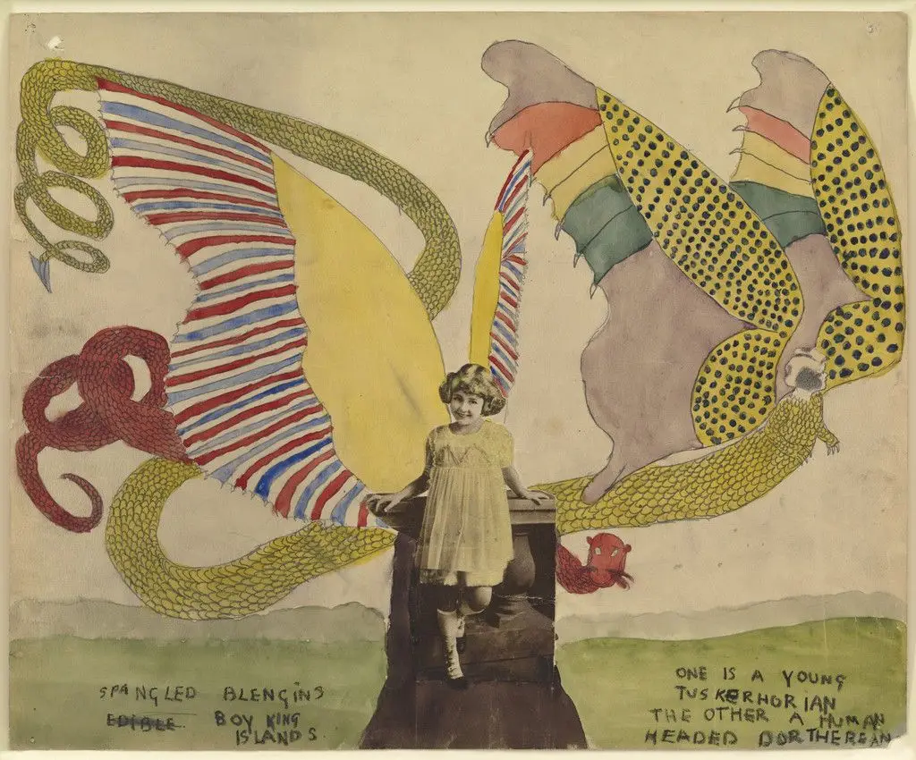 Spangled Blengins. Boy King Islands. One is a young Tuskerhorian the other a human headed Dortherean. by Henry Darger