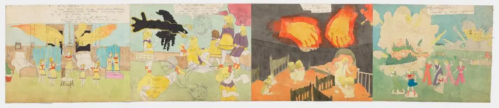 a) At McCalls run. A demon appears in room. Hands of fire. Torrington imperaled by explosion b) At Jennie Richee During full fury of storm enemy soldiers seize them at the caves mouth and they are strangled to senselessness, by Henry Darger