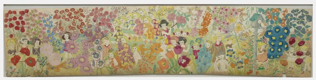 Untitled (Overall flowers) (recto); Untitled (Beautiful girls sitting around with giant cactus in center) (verso) by Henry Darger
