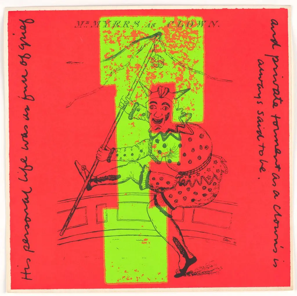 F full of clown from circus alphabet by Corita Kent (Sister Mary Corita)