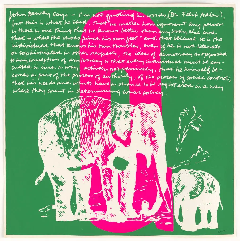 Q elephant's q from circus alphabet by Corita Kent (Sister Mary Corita)