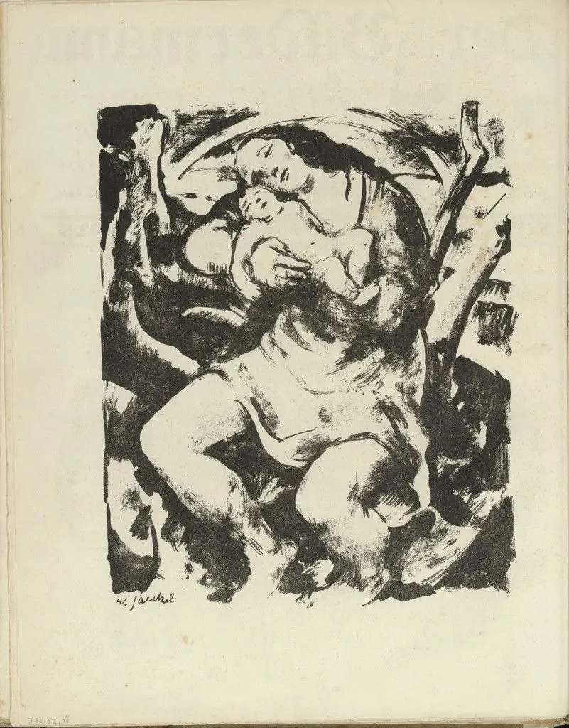 Mother with Child to Her Cheek (Mutter mit Kind an der Wange) (plate, folio 12 verso) from the periodical Der Bildermann, vol. 1, no. 6 (June 1916) by Willy Jaeckel