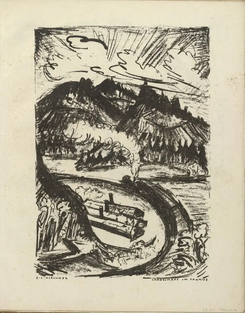 Landscape in the Taunus (Landschaft im Taunus) (plate, folio 13) from the periodical Der Bildermann, vol. 1, no. 6 (Jun 1916) by Ernst Ludwig Kirchner