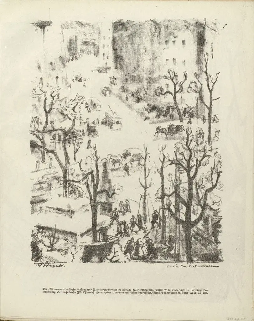 On the Kurfürstendamm, Berlin (Berlin, Am Kurfürstendamm) (plate, folio 15) from the periodical Der Bildermann, vol. 1, no. 7 (July 1916) by Wilhelm Wagner