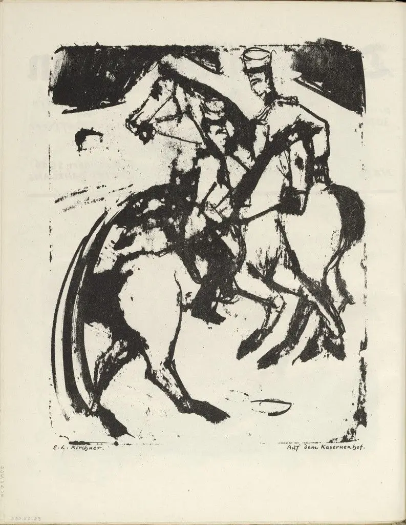 In the Barracks Yard (Auf dem Kasernenhof) (plate, folio 30 verso) from the periodical Der Bildermann, vol. 1, no. 15 (Nov 1916) by Ernst Ludwig Kirchner