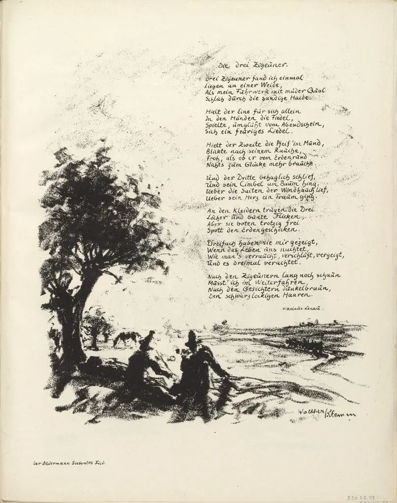 Untitled, illustration to Nikolaus Lenau's poem "The Three Gypsies" (Die drei Zigeuner) (border, 7th song, folio 45) from the periodical Der Bildermann, supplement to vol. 1, no. 13 (October 1916) by Walther Klemm