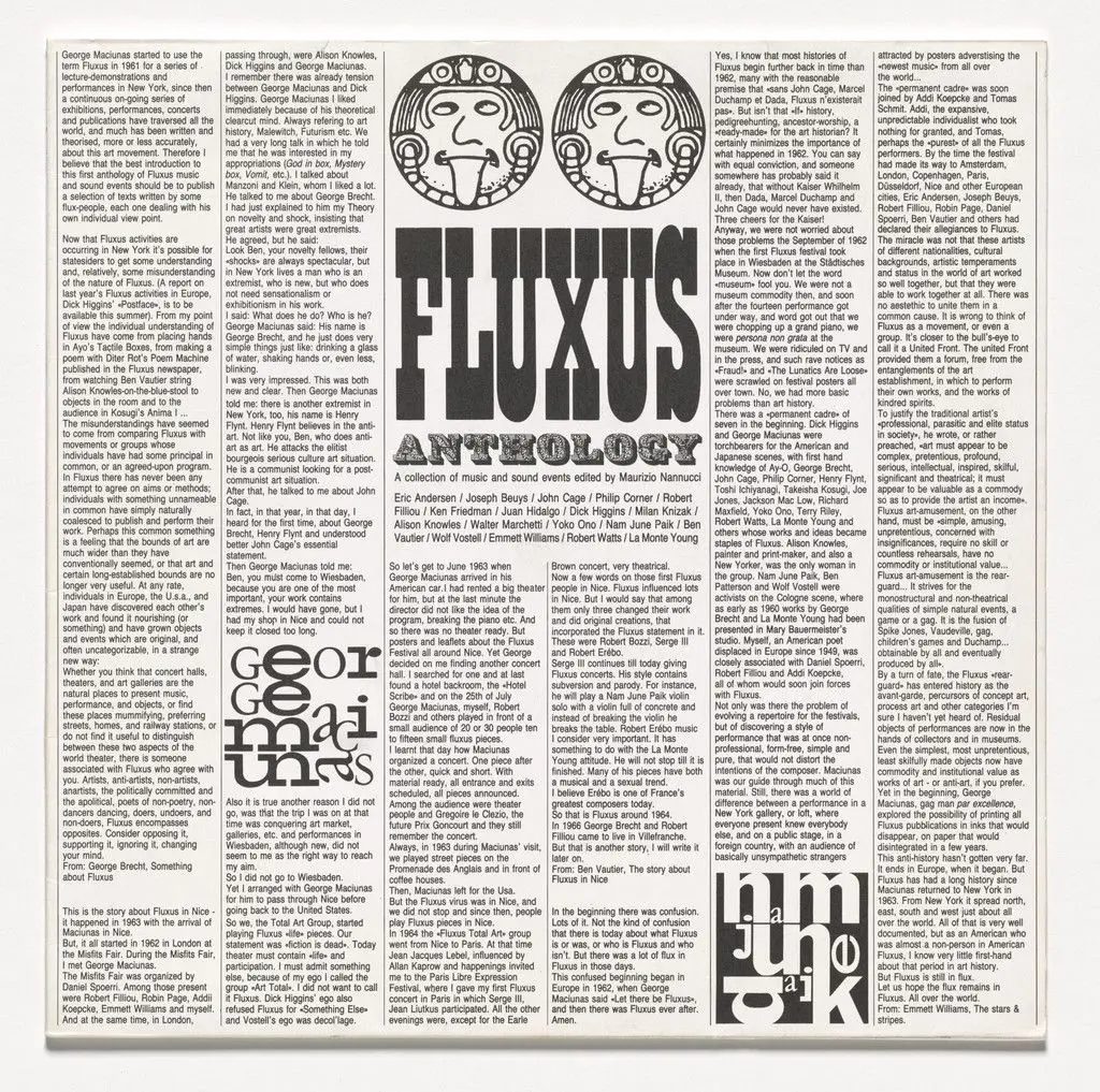 Fluxus Anthology by Walter Marchetti, Juan Hidalgo, La Monte Young, Ben Vautier, Wolf Vostell, Milan Knížák, Robert Filliou, Alison Knowles, Emmett Williams, John Cage, Joseph Beuys, Yoko Ono, Dick Higgins, Philip Corner, Eric Andersen, Robert Watts, Nam June Paik, Ken Friedman, Various Artists