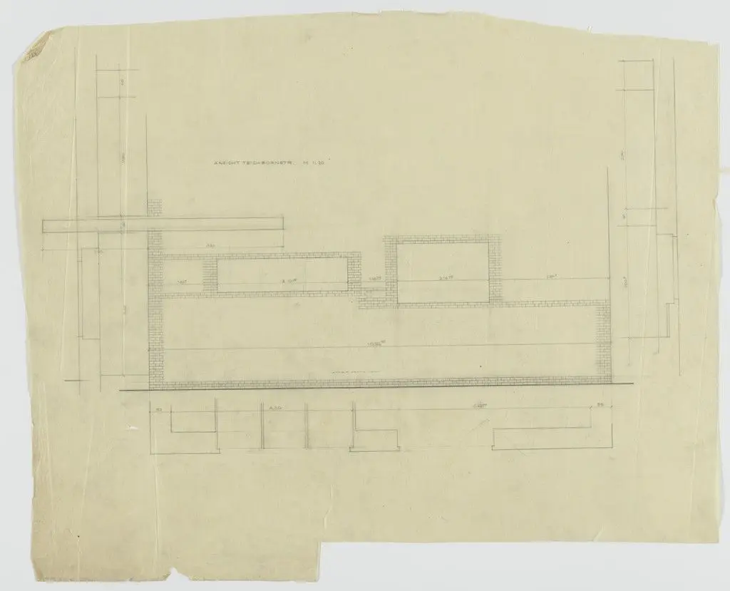 Wolf House, Gubin, Poland (Elevation and plan: ground floor [north side]) by Ludwig Mies van der Rohe