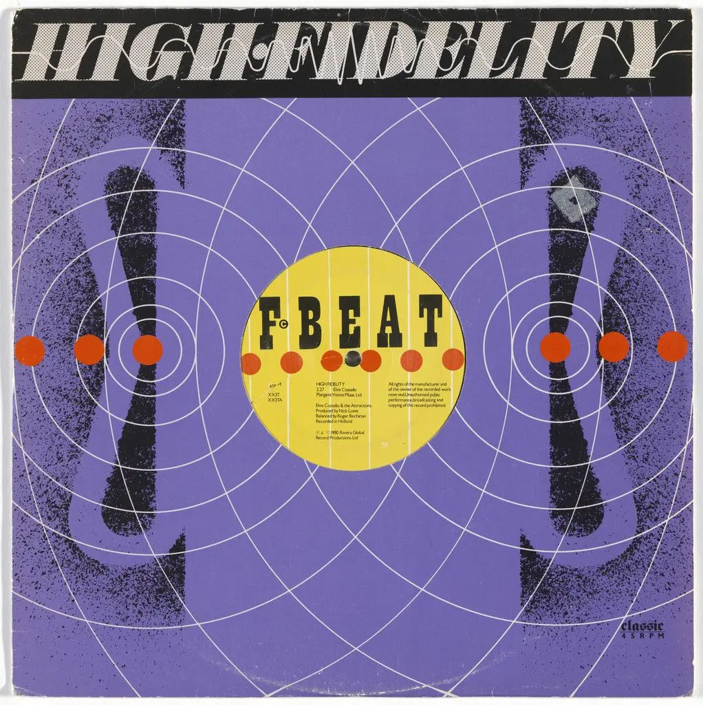 Cover for Elvis Costello and the Attractions 12" single "High Fidelity" by Barney Bubbles (Colin Fulcher), F-Beat Records