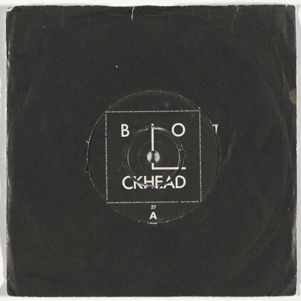 Logo for Ian Dury and the Blockheads 7" single "What a Waste" by Barney Bubbles (Colin Fulcher), Stiff Records, London