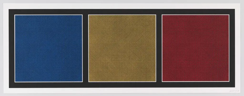 A Rectangle Bordered and Divided Vertically into Three Equal Squares; One Red, One Yellow; and One Blue, Each with Black Lines in Four Directions by Sol LeWitt