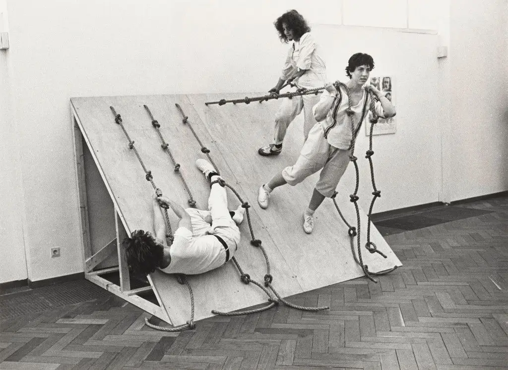 Photograph of "Slant Board" Performance at the Stedelijk Museum by Simone Forti