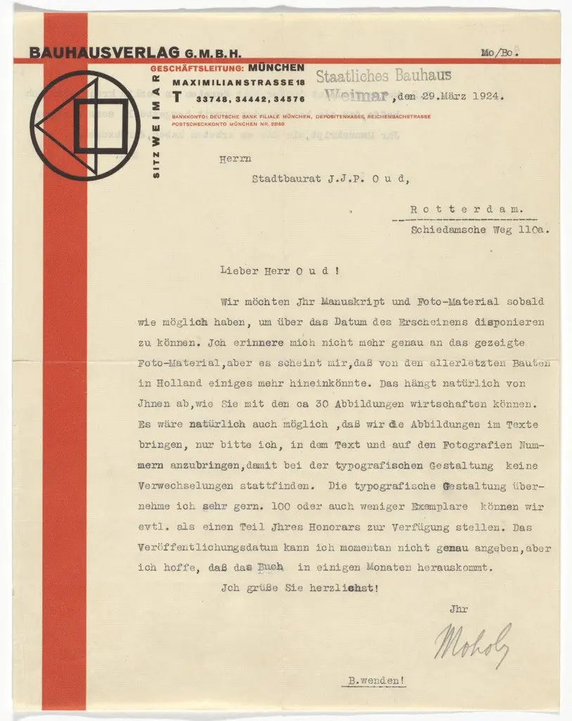 Bauhausverlag GmbH letterhead (Letter to J.J.P. Oud from Moholy-Nagy) by László Moholy-Nagy