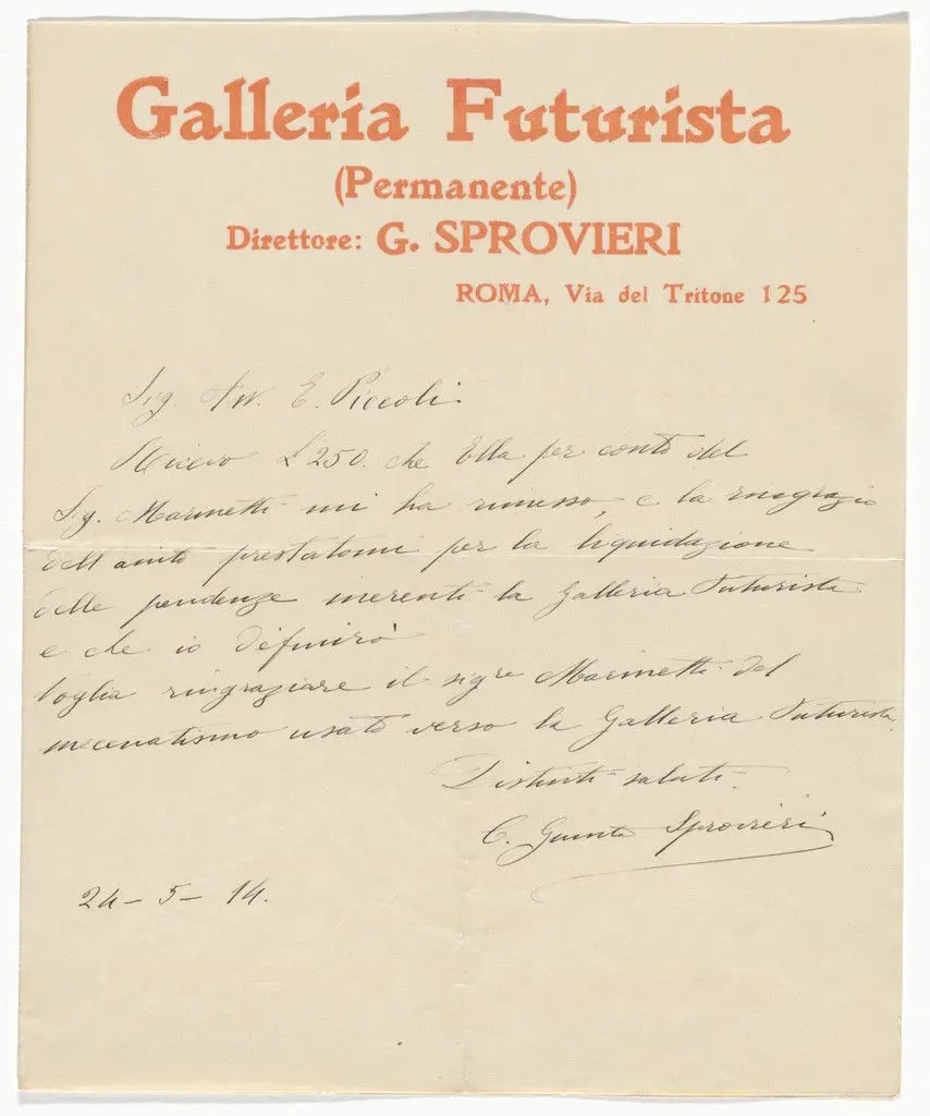 Galleria Futurista letterhead (Letter to Piecoli from G.Sprovieri) by Unidentified Designer