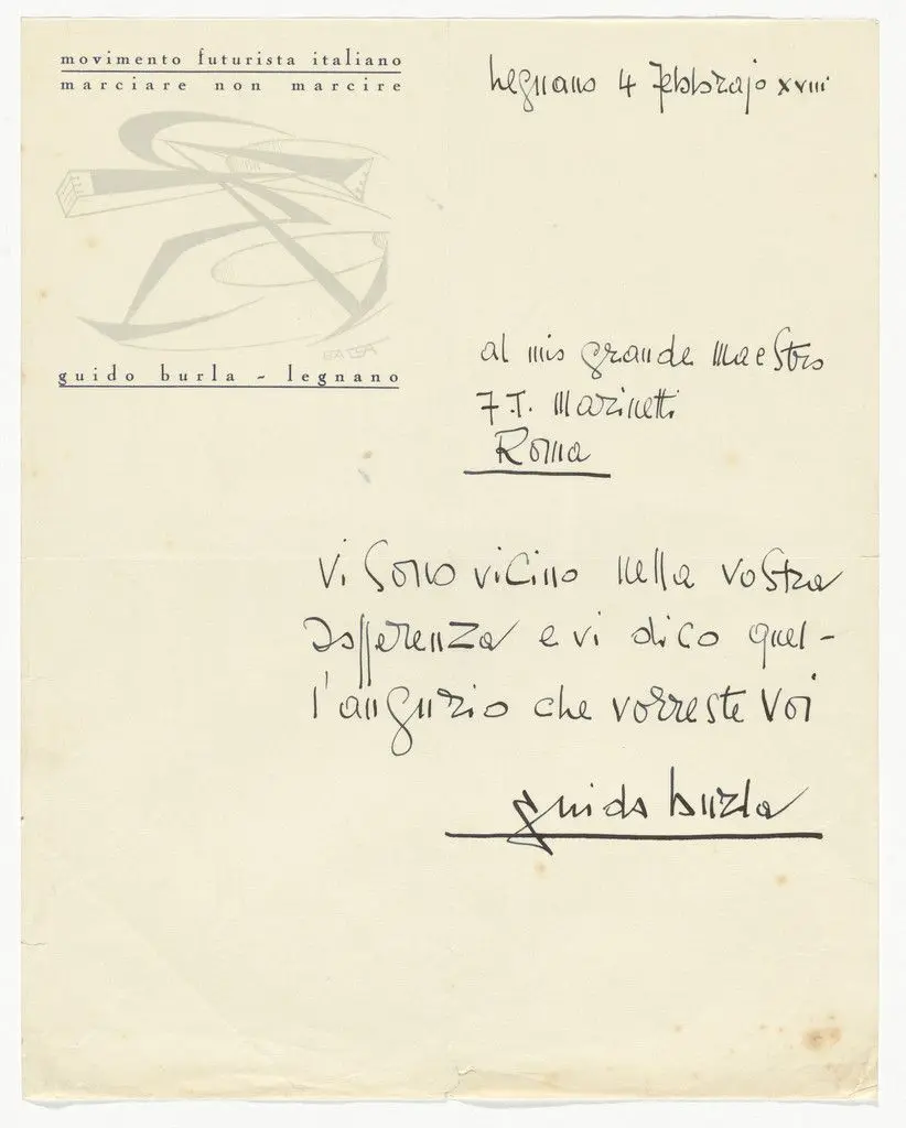 Movimento Futurista Italiano letterhead (Letter to Marinetti from Guido Burla) by Unidentified Designer