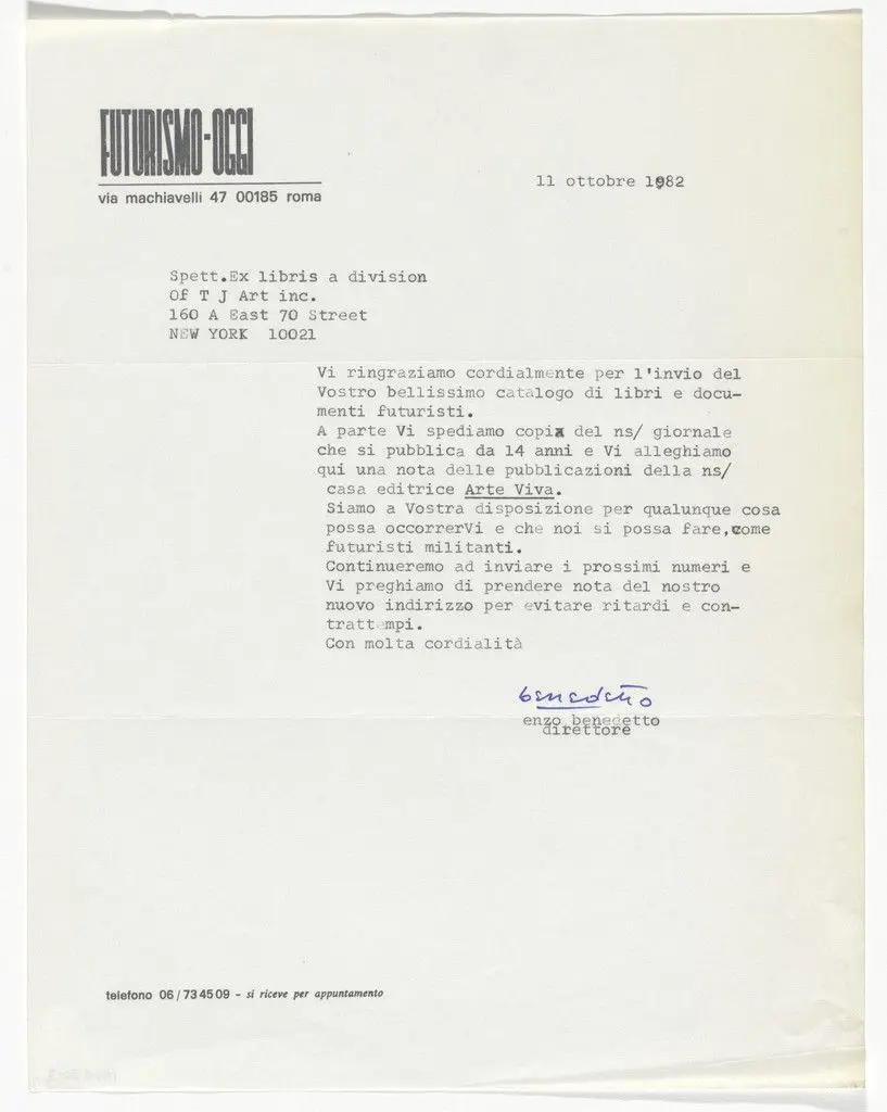 Futurismo-Oggi (Letter to Arthur Cohen from Enzo Benedetto) by Unidentified Designer