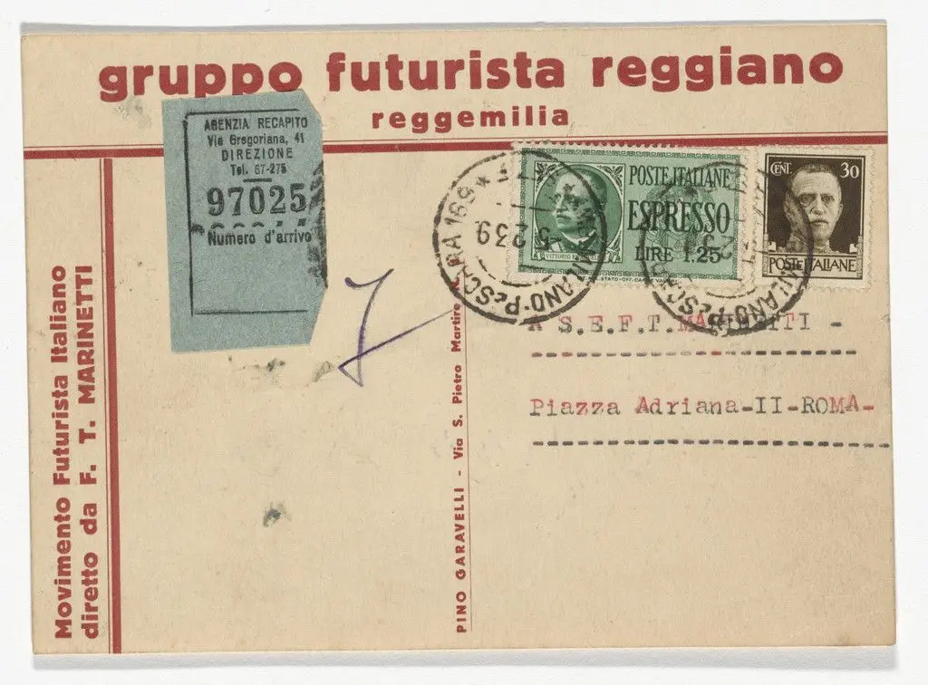 Gruppo Futurista Reggiano stationery postcard (Addressed to Marinetti) by Unidentified Designer
