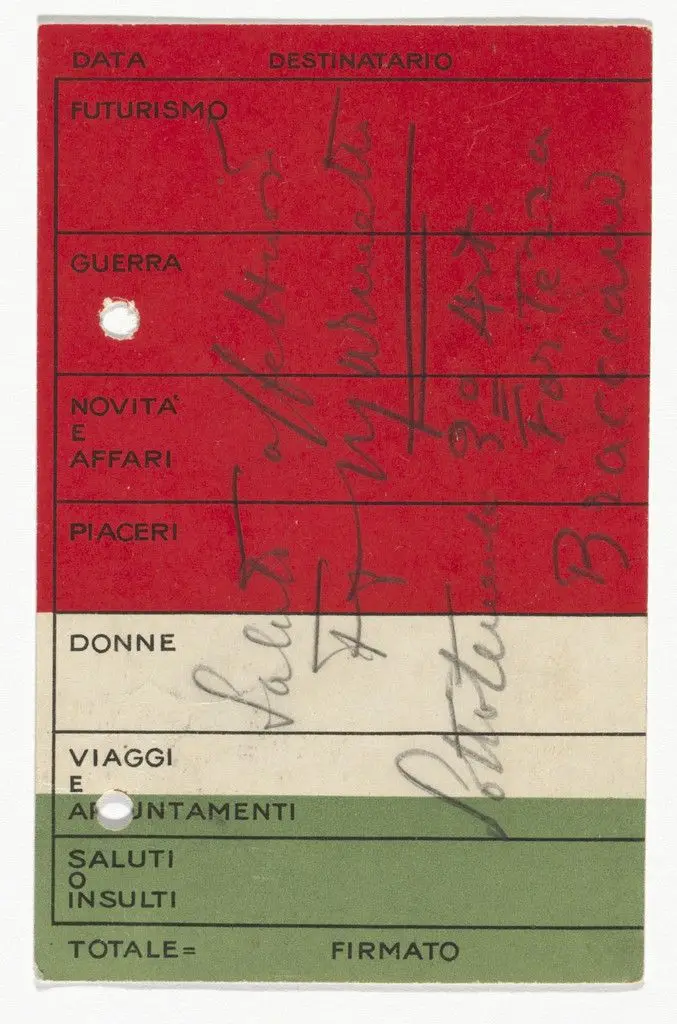 Cartolina Futurista Tipo-Conguillo postcard (Addressed to Angelo Rognoni from Marinetti) by Unidentified Designer