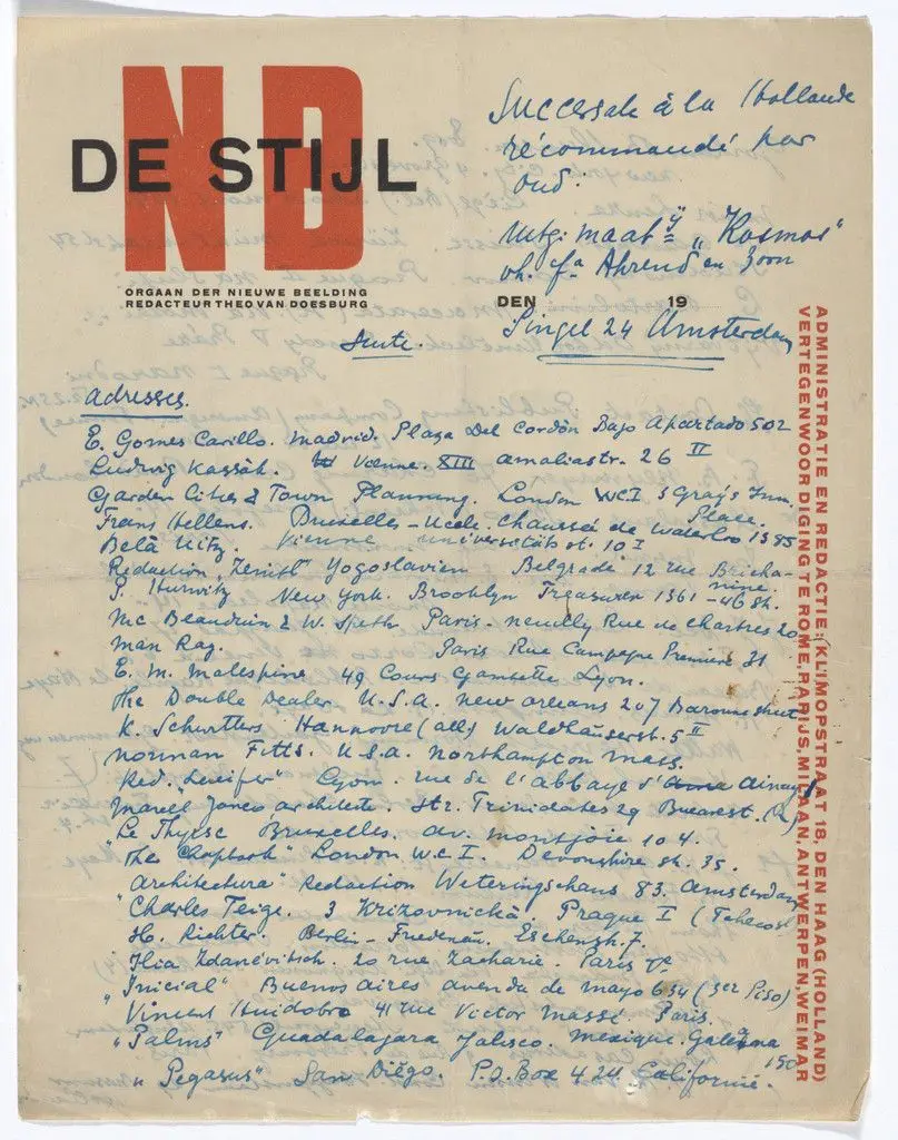 De Stijl NB letterhead (Handwritten list of names and addresses) by Theo van Doesburg
