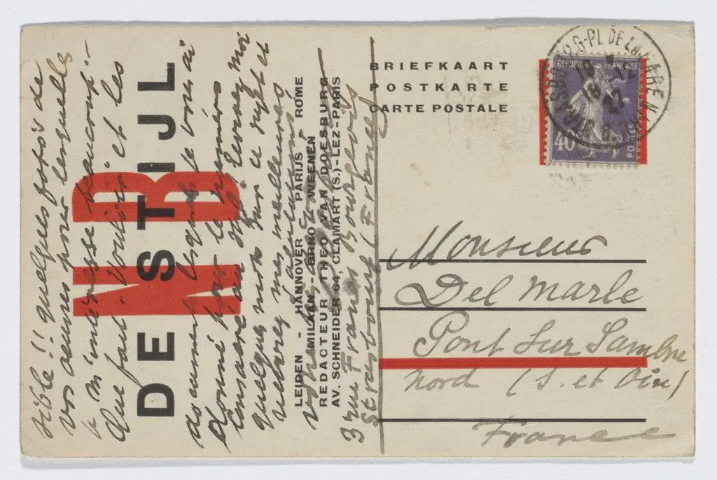De Stijl NB stationery postcard (Addressed to Del Marle) by Theo van Doesburg