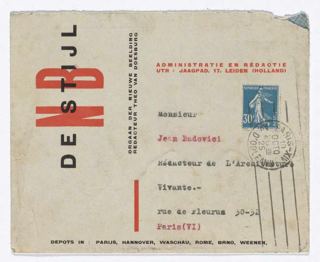 De Stijl NB stationery envelope (Addressed to Jean Badovici) by Theo van Doesburg