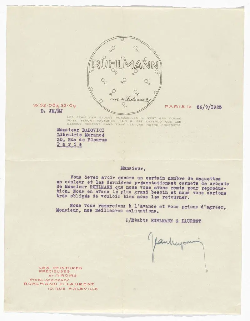Emile-Jacques Ruhlmann letterhead (Letter to Jean Badovici) by Emile-Jacques Ruhlmann