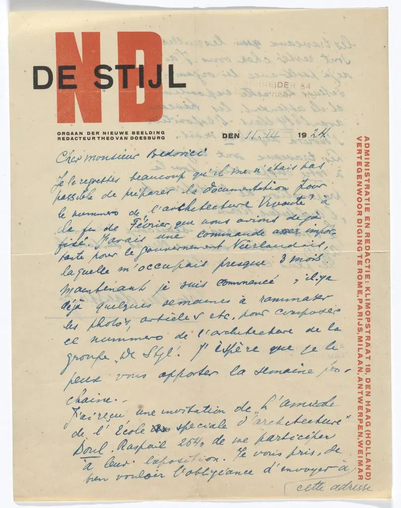 De Stijl NB letterhead (Letter to Jean Badovici from van Doesburg) by Theo van Doesburg
