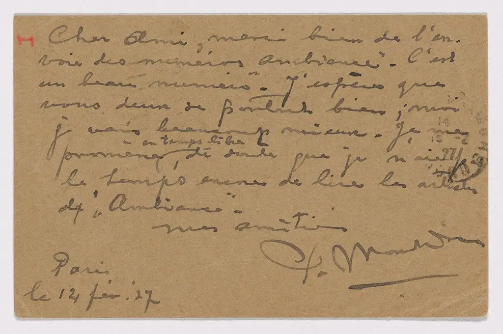 Postcard (Addressed to A.F. Del Marle) by Piet Mondrian