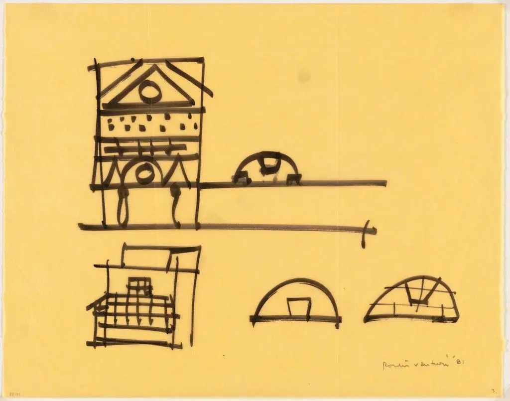 Gordon Wu Hall, Princeton University, Princeton, New Jersey, Preliminary study of entrance and windows by Venturi, Rauch and Scott Brown, Robert Venturi, John Rauch, Denise Scott Brown