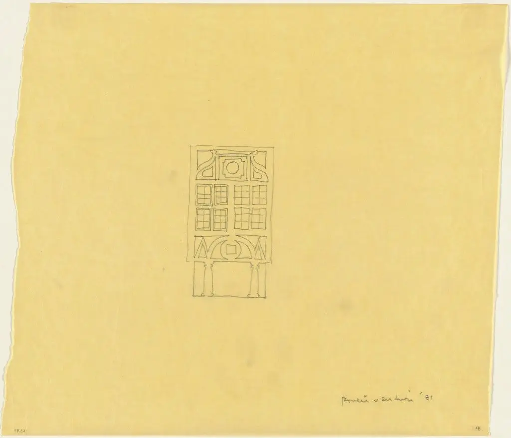 Gordon Wu Hall, Princeton University, Princeton, New Jersey, Preliminary study of entrance and elevation by Venturi, Rauch and Scott Brown, Robert Venturi, John Rauch, Denise Scott Brown