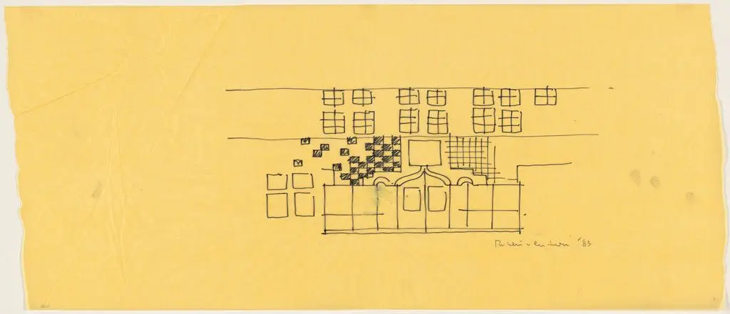 Lewis Thomas Laboratory for Molecular Biology, Princeton University, Princeton, New Jersey, Preliminary study of entrance and elevation by Venturi, Rauch and Scott Brown, Robert Venturi, John Rauch, Denise Scott Brown