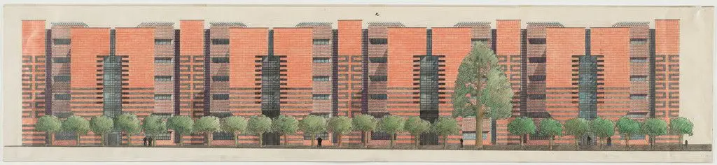 Gotthard Bank, Lugano, Switzerland, West elevation by Mario Botta