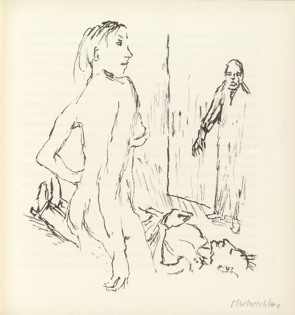 Reed Sees the Naked Ann Eliza, Who Killed Doctor Glasberg, Before Him (Reed sieht die nackte Ann Eliza vor sich, die den Arzt Glasberg getötet hat) (plate, folio 16) from Ann Eliza Reed by Oskar Kokoschka