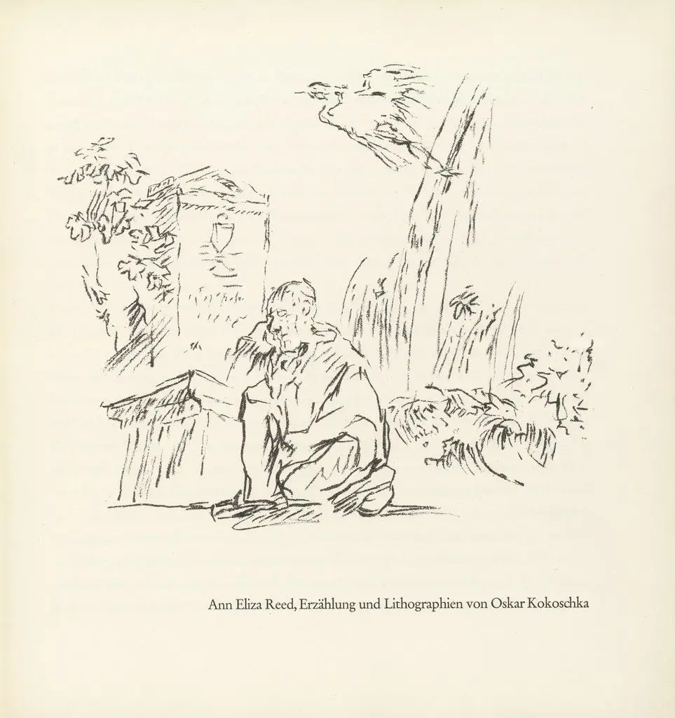 Self-Portrait of the Artist Lost in Thought in Front of Gravestone (Selbstbildnis des vor einem Grabstein in Gedanken versunkenen Künstlers) (title page) from Ann Eliza Reed by Oskar Kokoschka