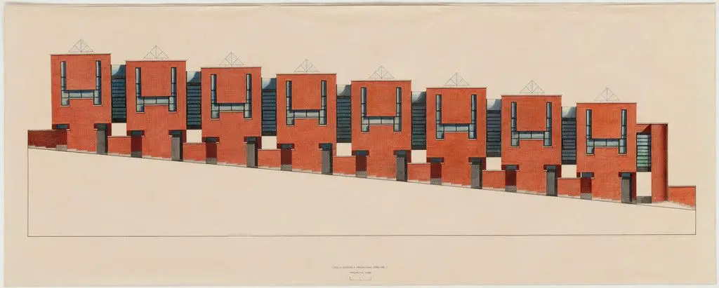 Row Housing, Pregassona, Switzerland, Elevation by Mario Botta