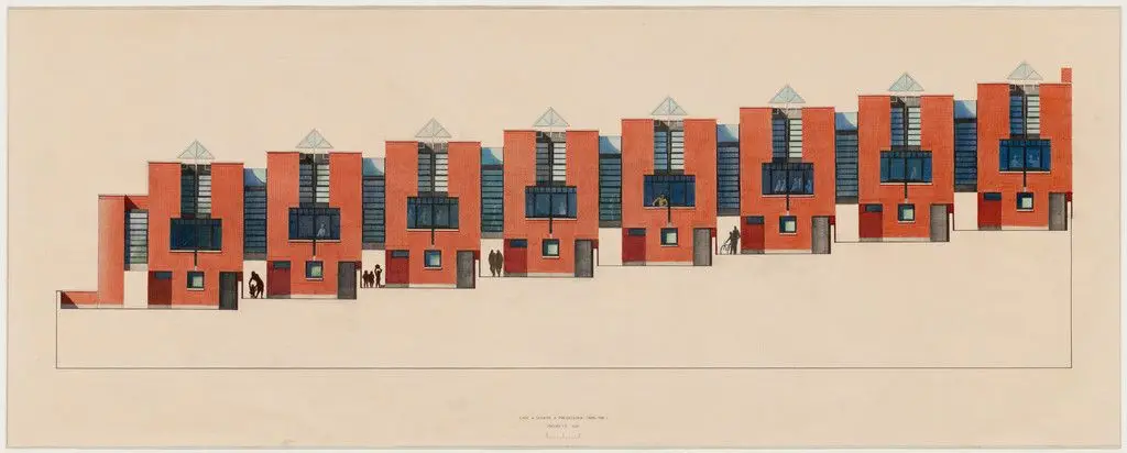 Row Housing, project, Pregassona, Switzerland, Elevation by Mario Botta