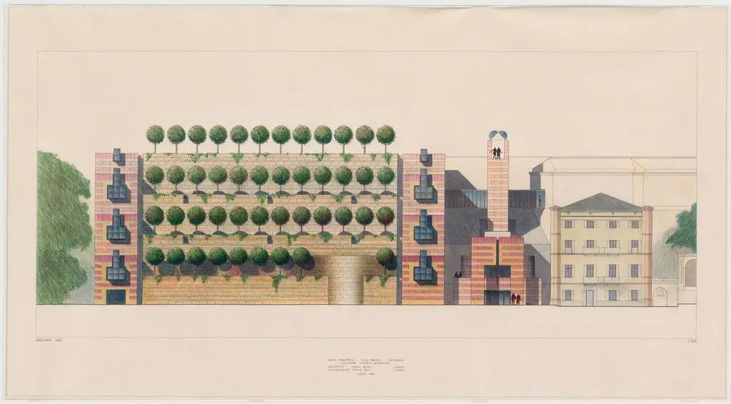 Thyssen-Bornemisza Gallery, Lugano, Switzerland, Elevation by Mario Botta