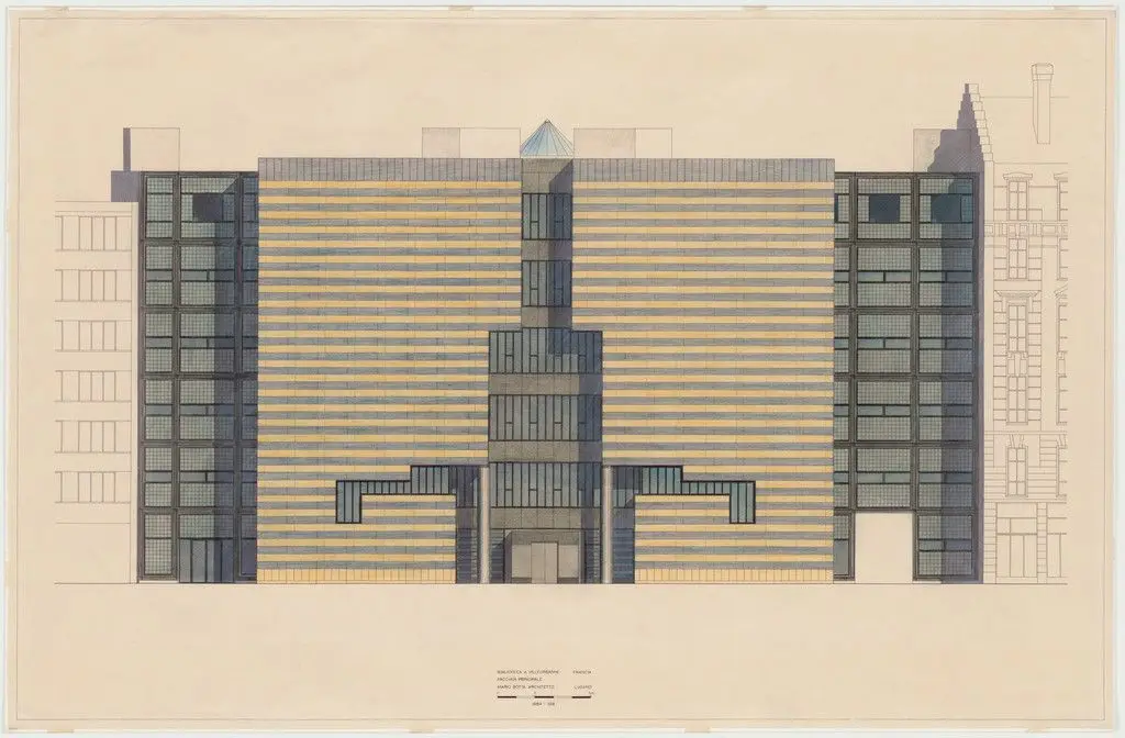 Library, Villeurbanne, France, Principal-facade elevation by Mario Botta