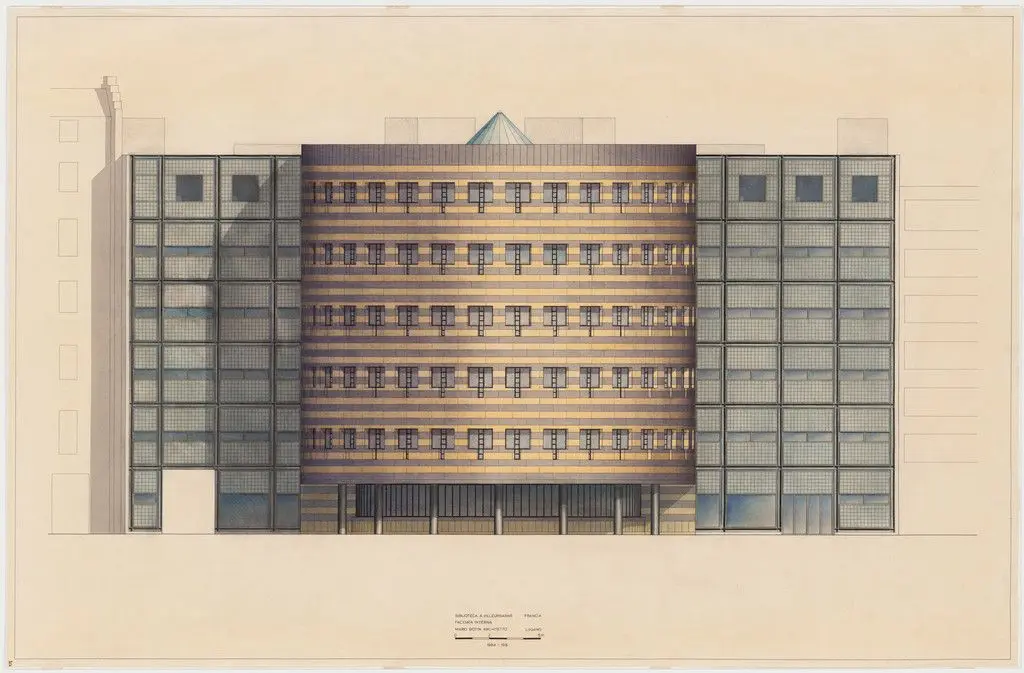 Library, Villeurbanne, France, Interior rear elevation by Mario Botta