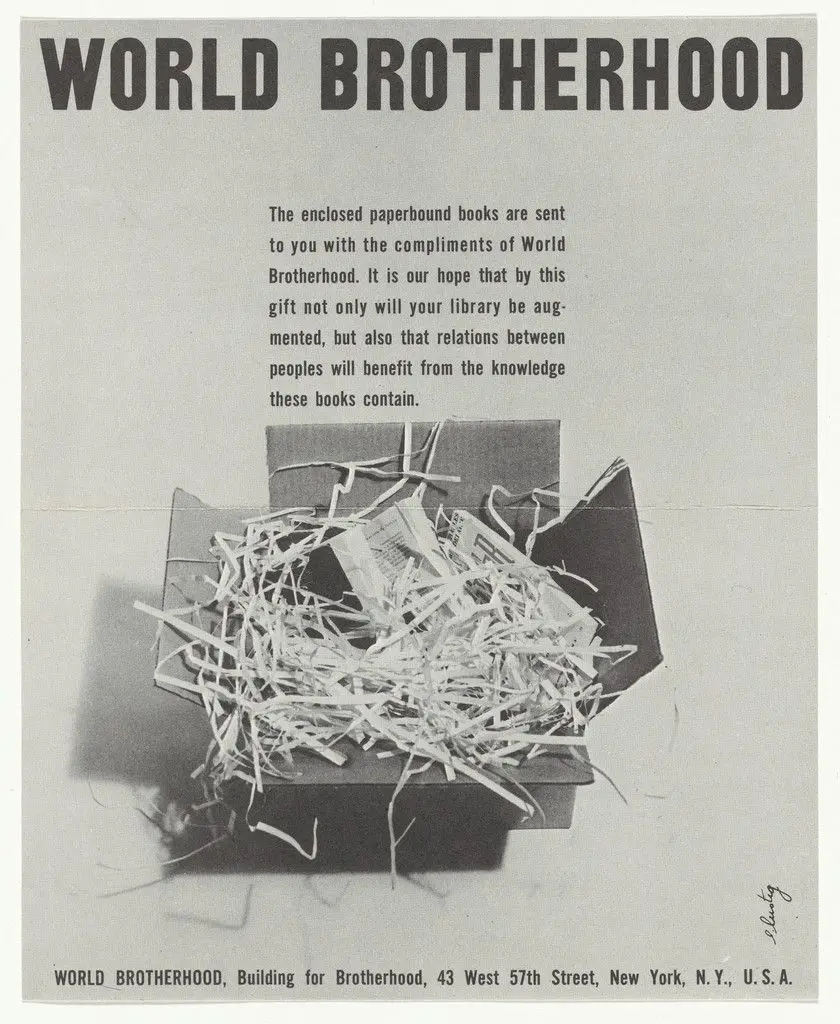 Advertising insert for World Brotherhood by Elaine Lustig Cohen