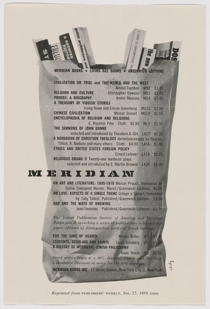 Advertisement for Meridian Books by Elaine Lustig Cohen
