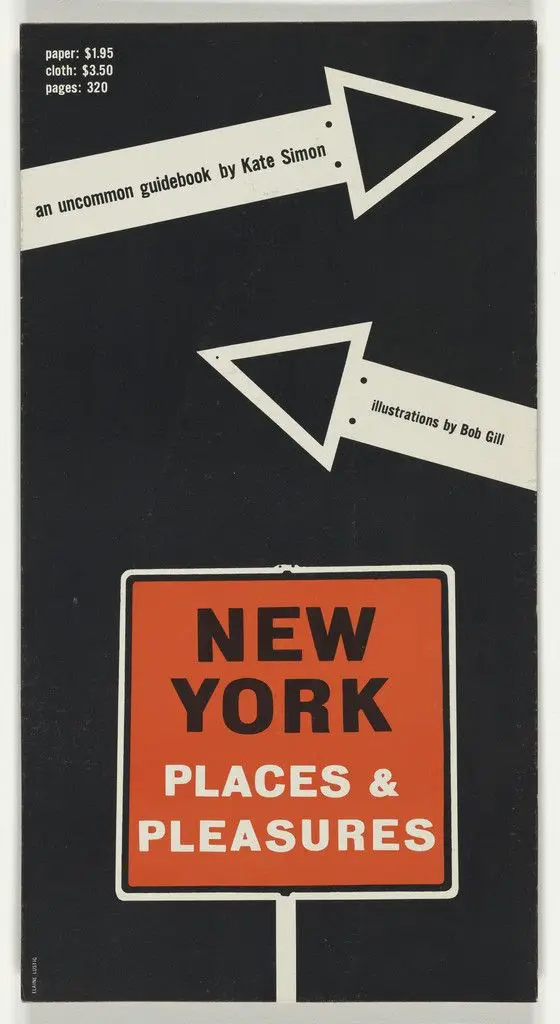 Advertisement stands and book cover for "New York: Places & Pleasures" by Kate Simon by Elaine Lustig Cohen