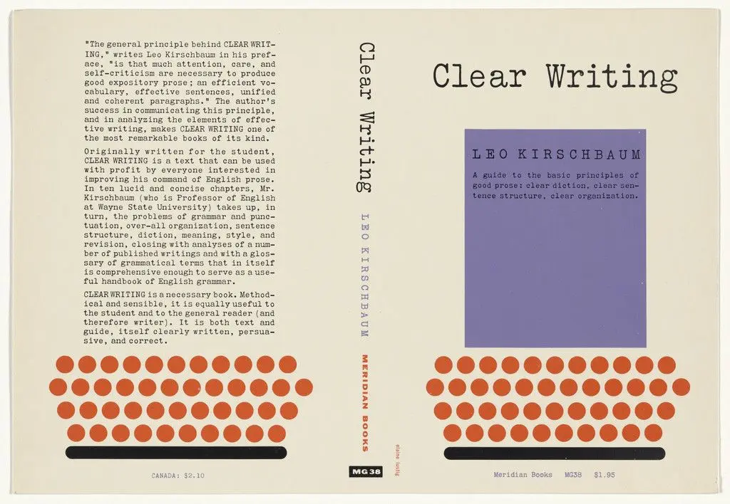 Book cover for "Clear Writing" by Leo Kirschbaum by Elaine Lustig Cohen