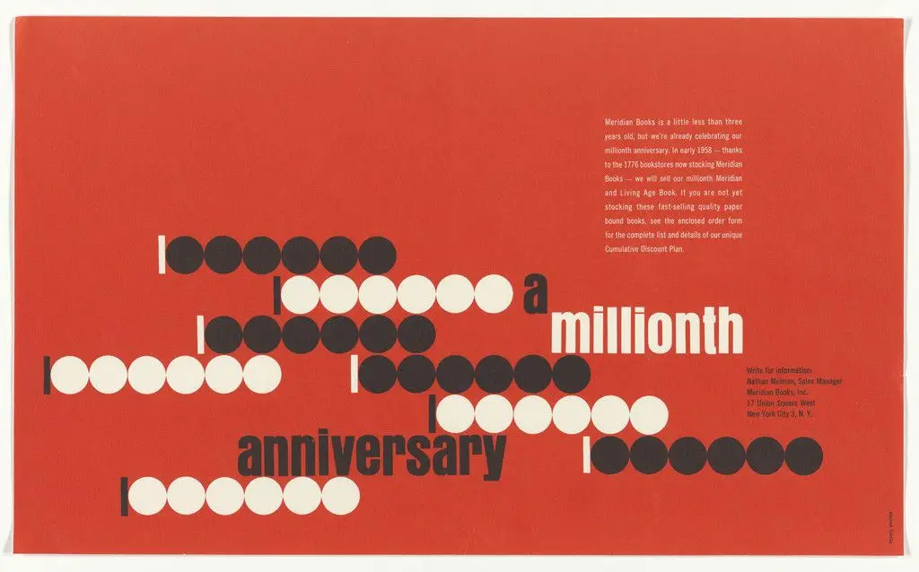 Advertisement for Meridan Books by Elaine Lustig Cohen