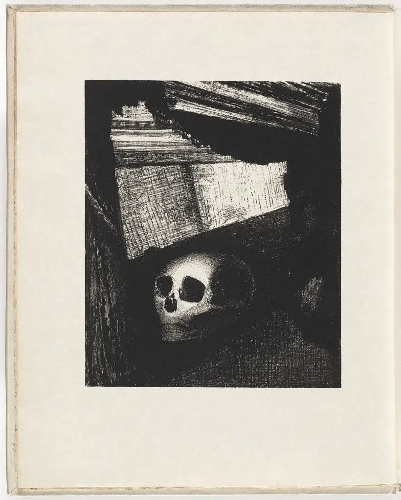The Wall of His Room Was Opening Up and through the Crack a Death's-Head Was Projected (La Muraille de sa chambre s'entr'ouvrait et de la fente était projetée une tête de mort) (frontispiece) from Le Juré by Odilon Redon